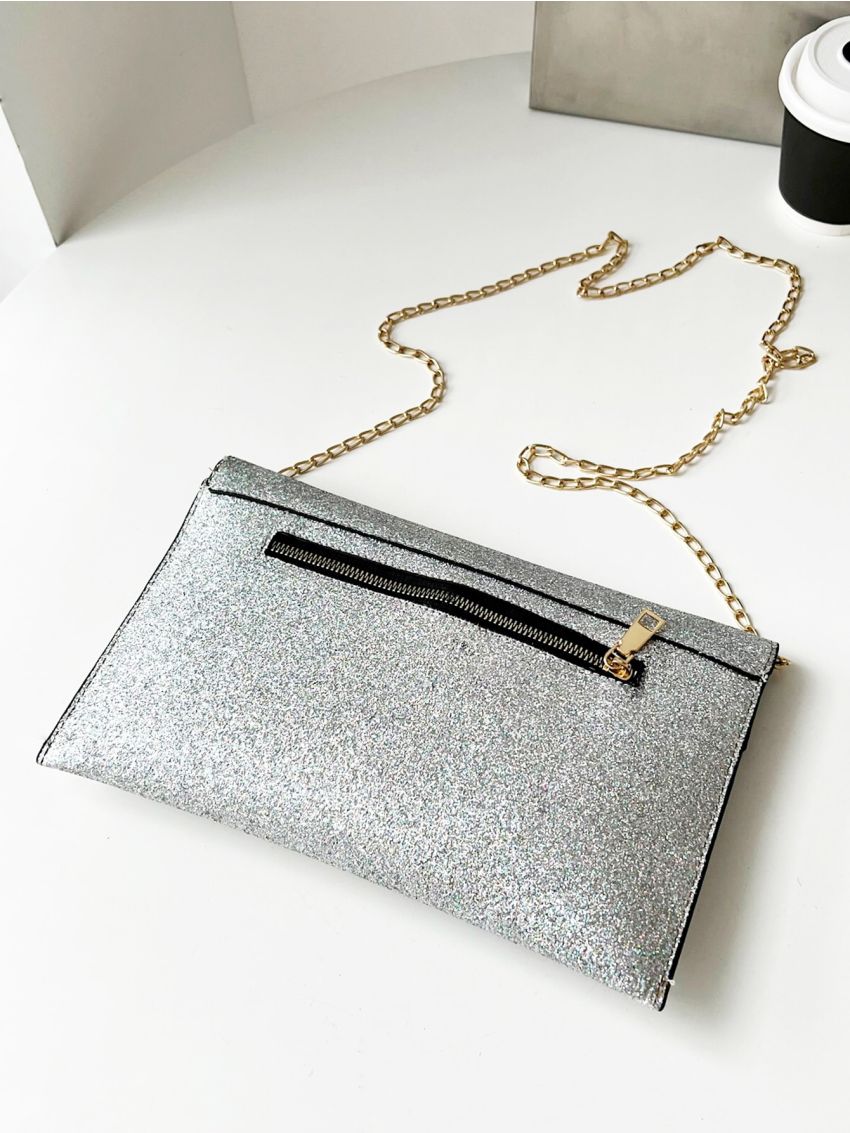 Glitter Metal Decor Flap Square Bag, Perfect Bride Purse For Wedding, Prom & Party Events