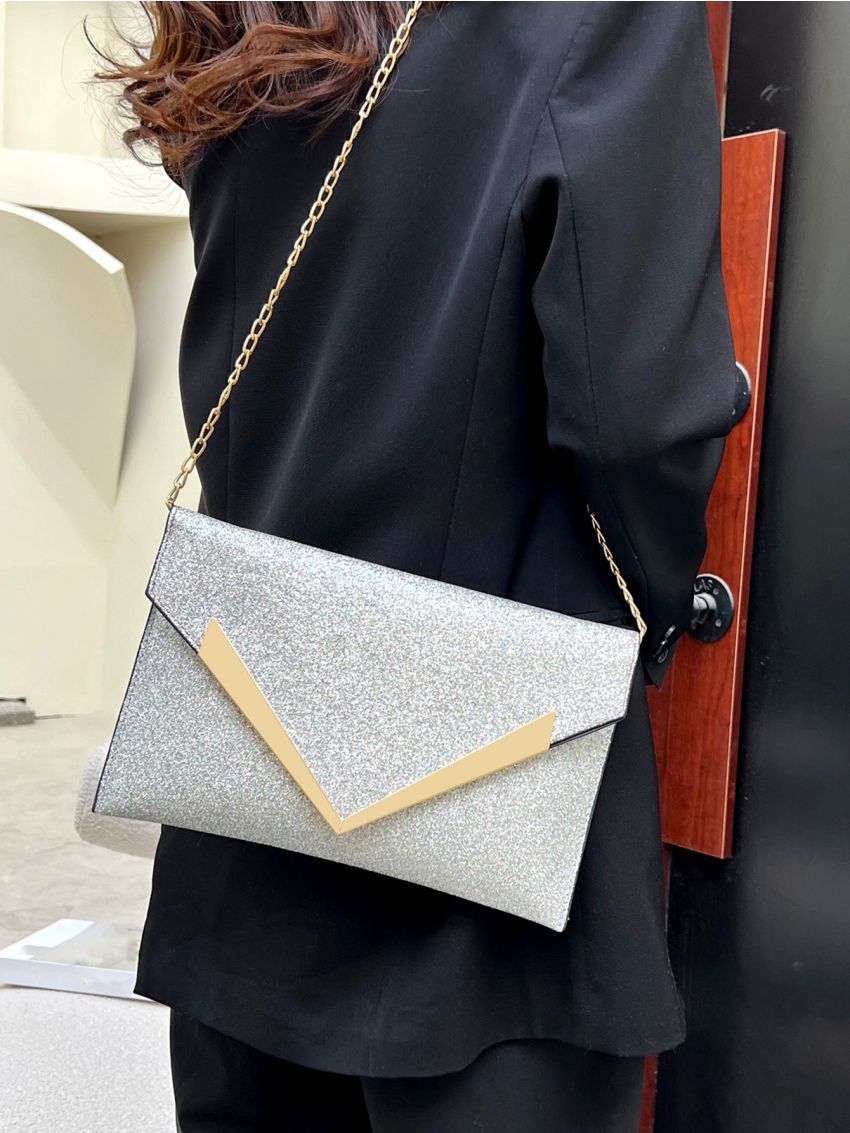 Glitter Metal Decor Flap Square Bag, Perfect Bride Purse For Wedding, Prom & Party Events