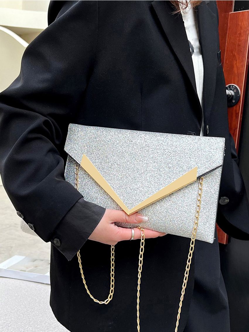 Glitter Metal Decor Flap Square Bag, Perfect Bride Purse For Wedding, Prom & Party Events