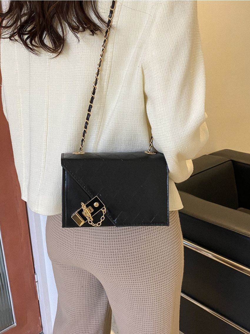 Mini Geometric Pattern Chain Flap Square Bag