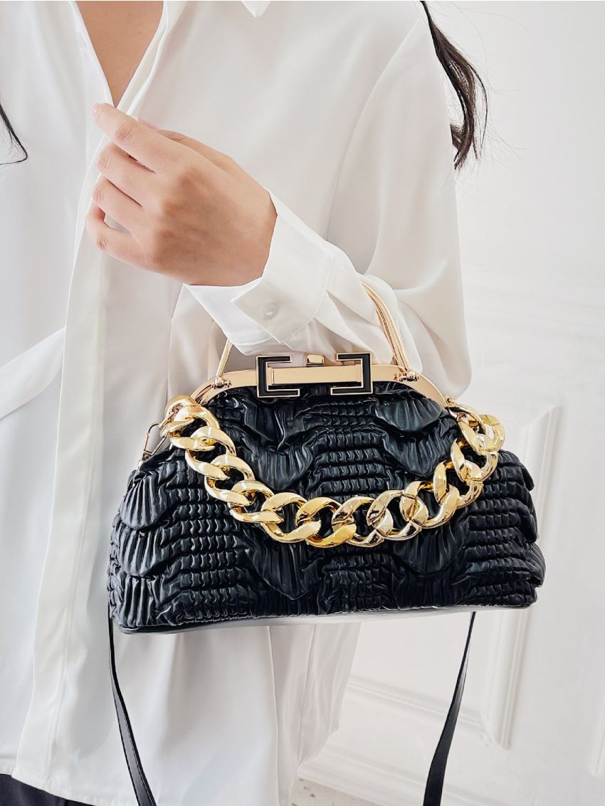 Crocodile Embossed Chain Decor Kiss Lock Satchel Bag