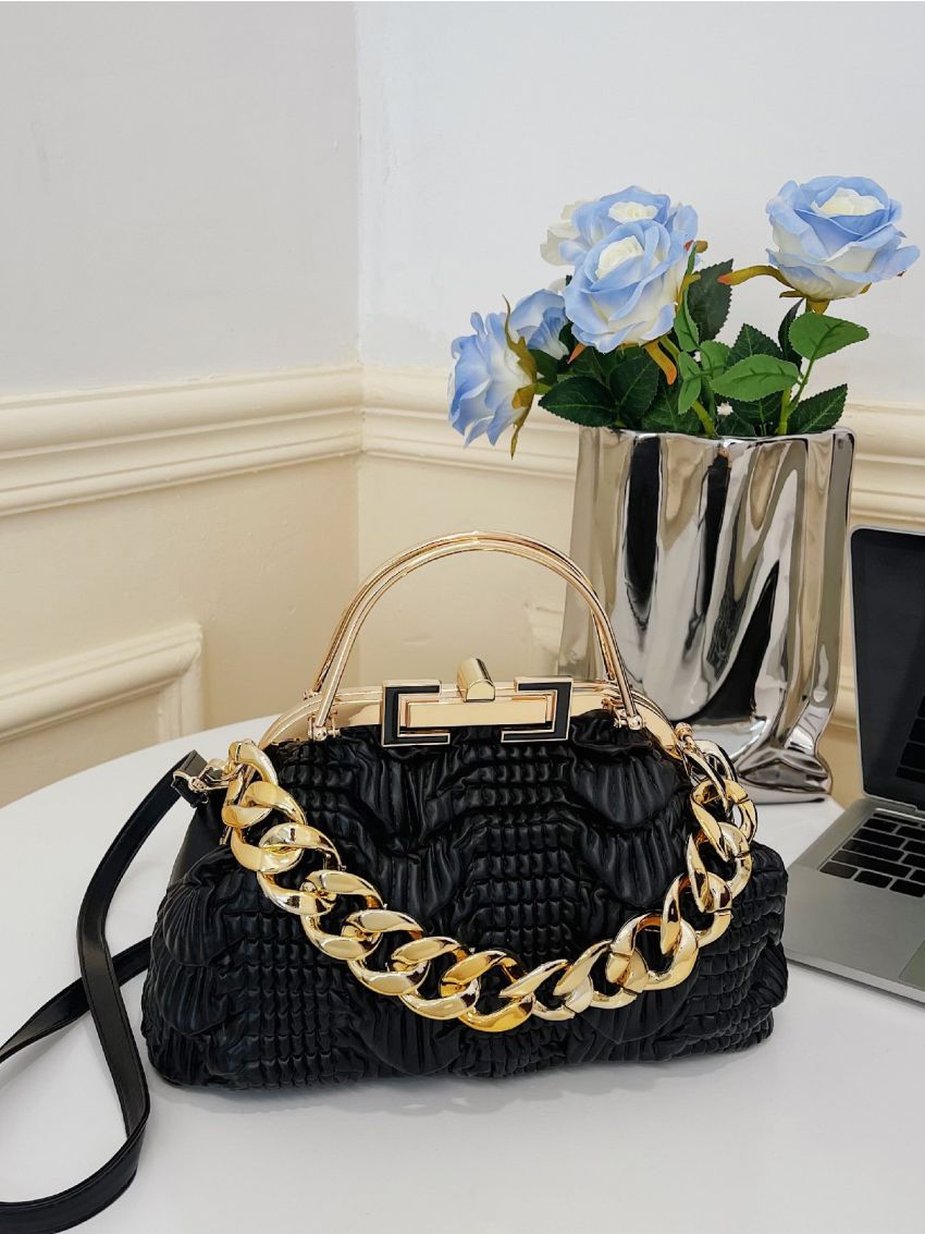 Crocodile Embossed Chain Decor Kiss Lock Satchel Bag