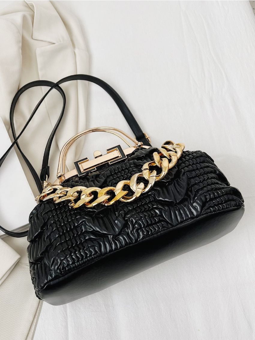 Crocodile Embossed Chain Decor Kiss Lock Satchel Bag