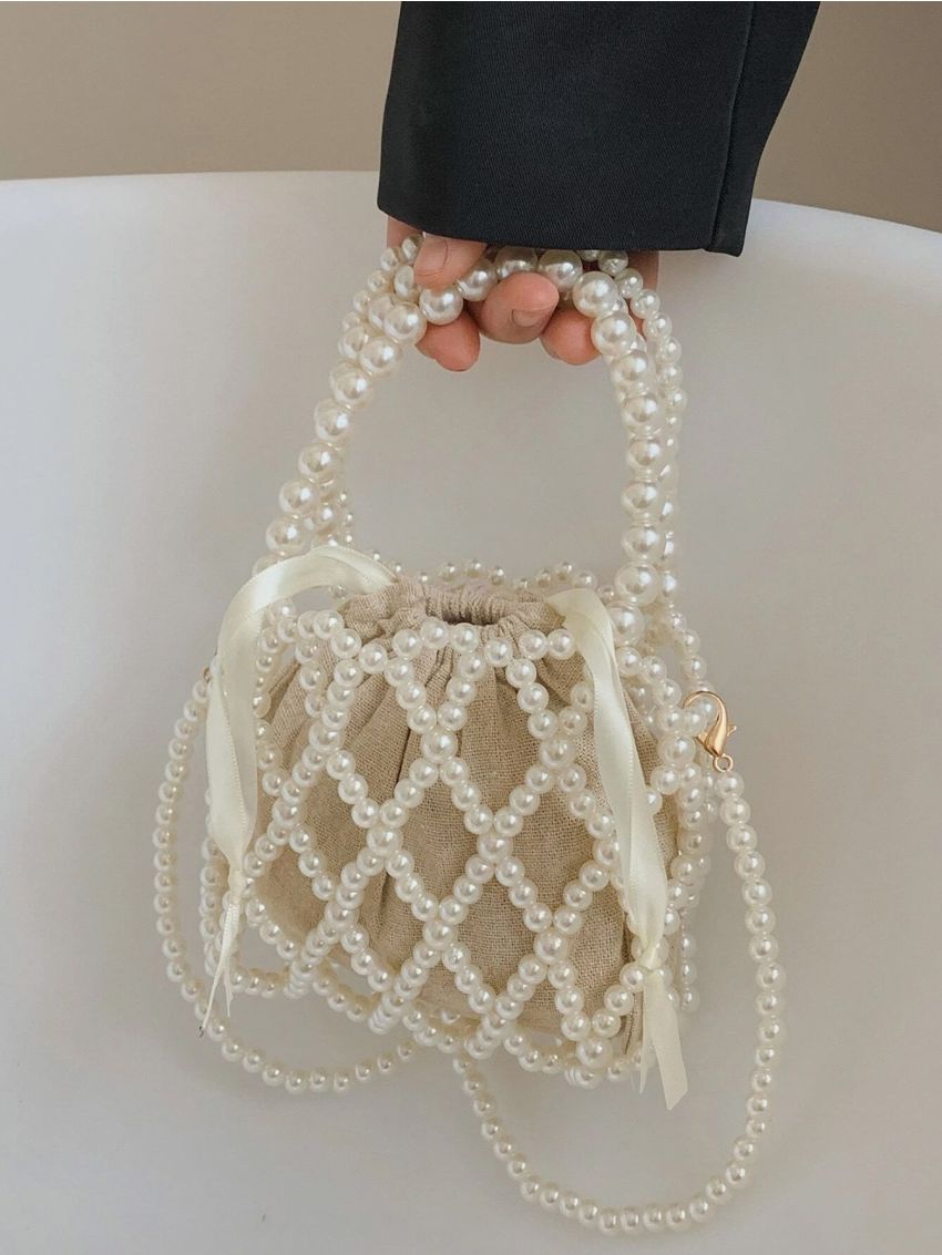 Mini Faux Pearl Decor Drawstring Design Square Bag