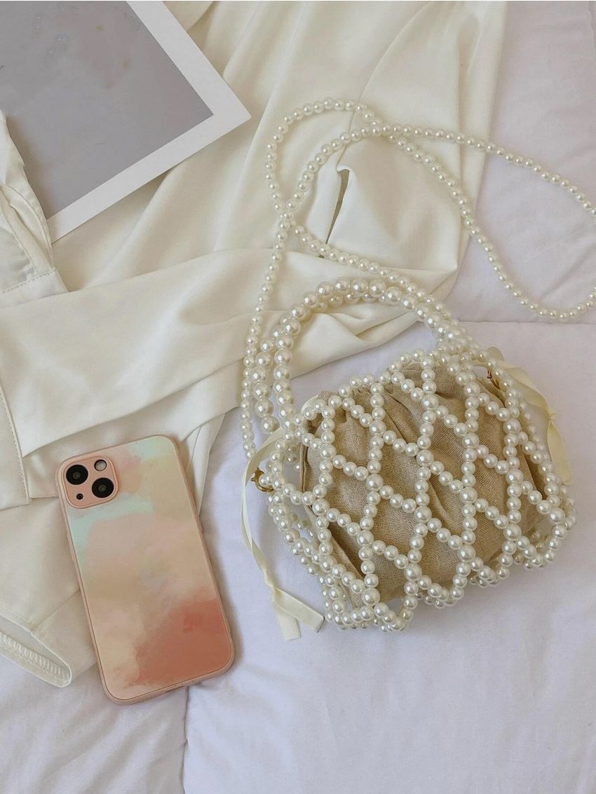 Mini Faux Pearl Decor Drawstring Design Square Bag