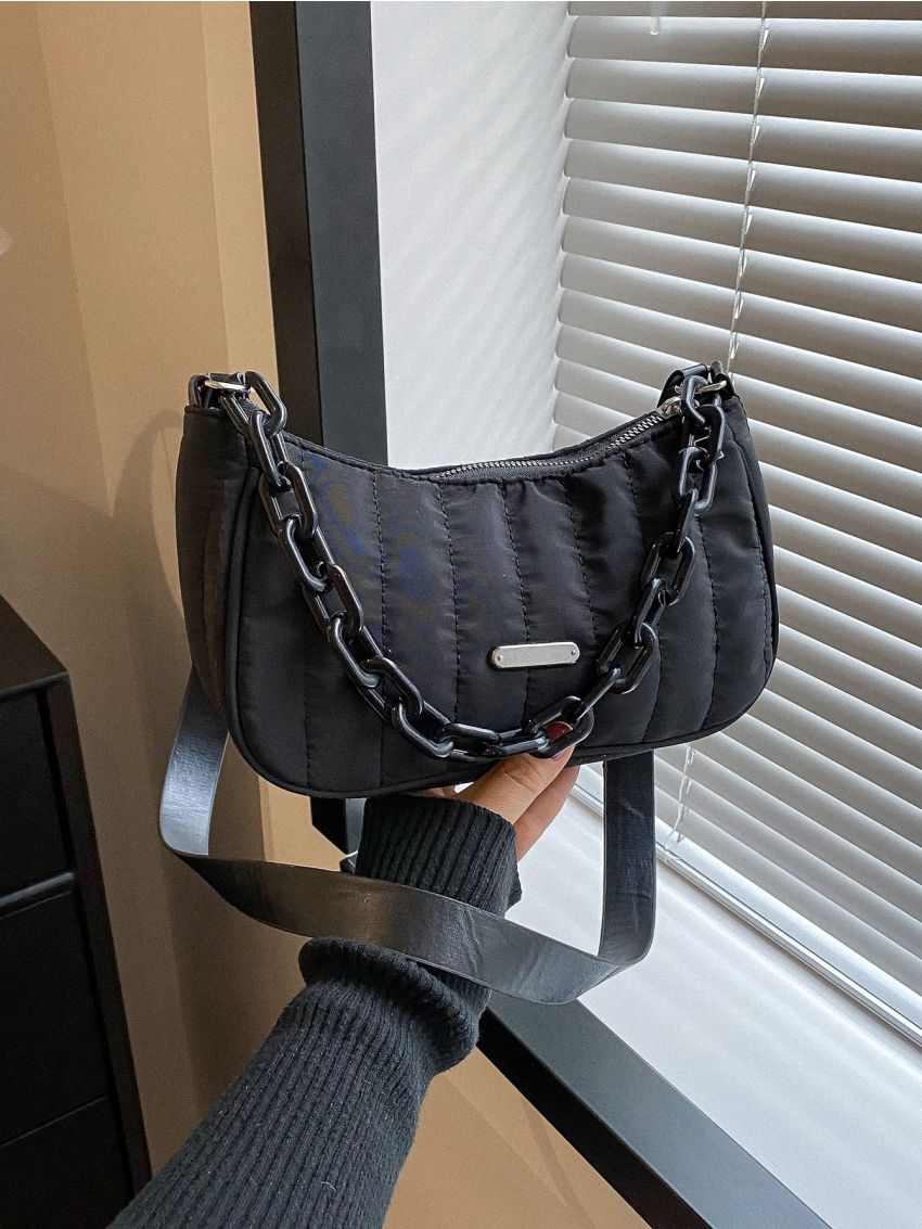 Quilted Chain Decor Baguette Bag
