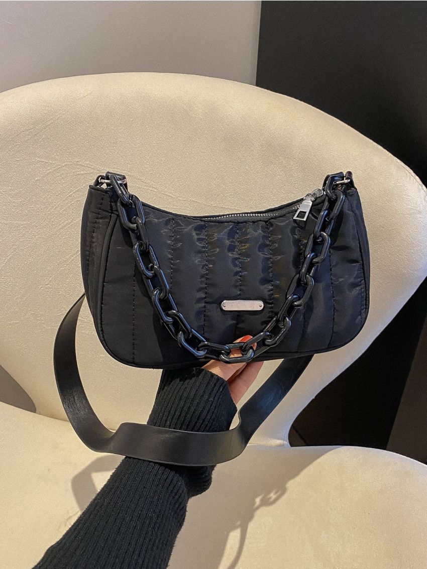 Quilted Chain Decor Baguette Bag