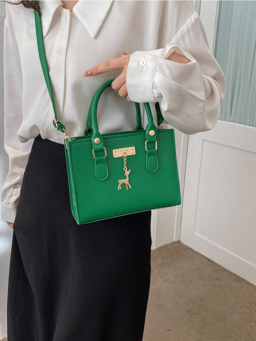 Mini Square Bag Green Deer Decor Double Handle