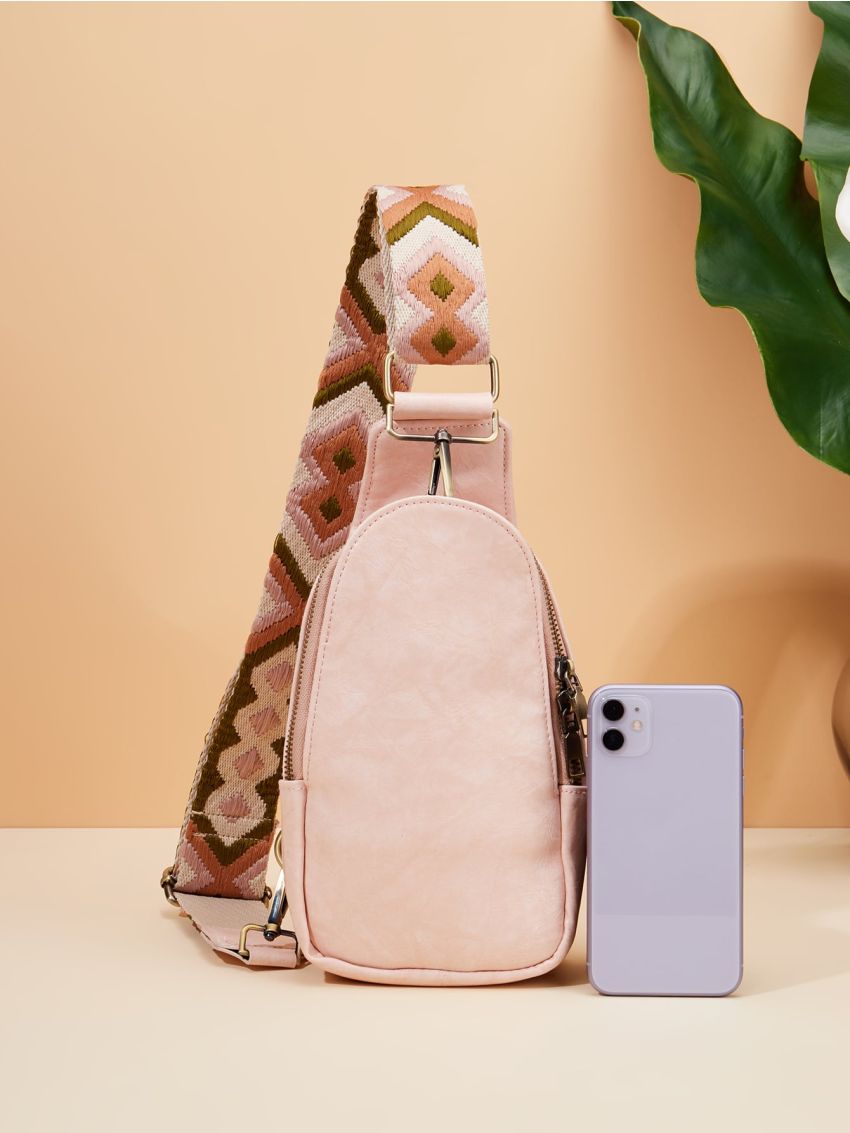 Geometric Strap Crossbody Chest Mini Bag Solid Color Zipper Sling Bag Casual Shoulder Purse For Sports