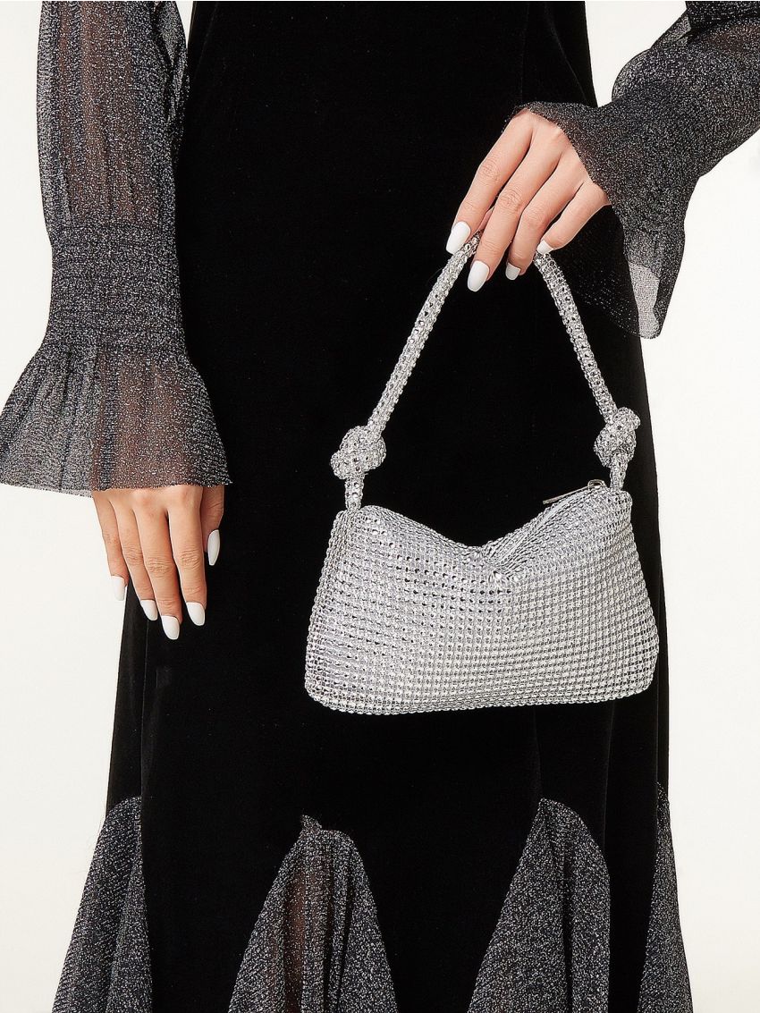 Rhinestone & Knot Decor Hobo Bag , Women's Glitter Clutch Purse, Elegant Handbag For Wedding Prom Party