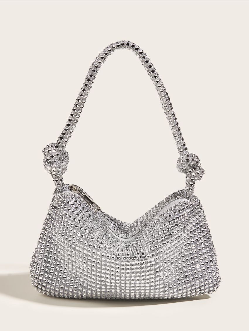 Rhinestone & Knot Decor Hobo Bag , Women's Glitter Clutch Purse, Elegant Handbag For Wedding Prom Party
