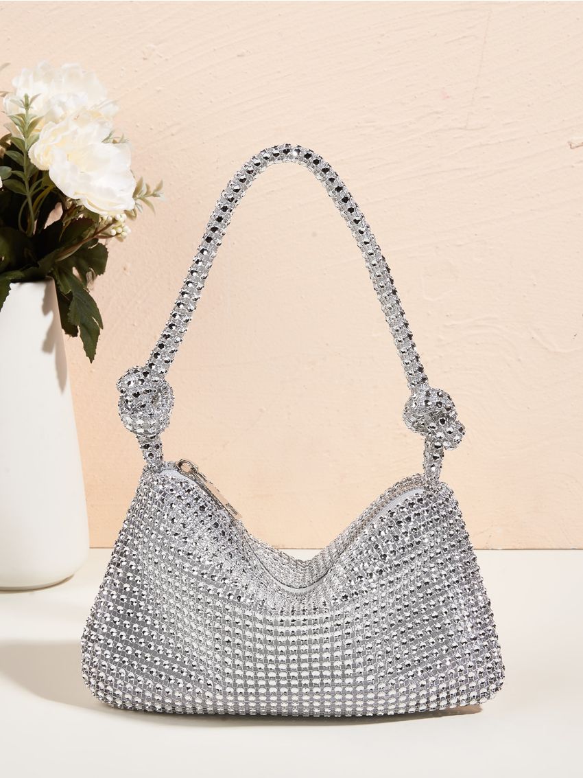 Rhinestone & Knot Decor Hobo Bag , Women's Glitter Clutch Purse, Elegant Handbag For Wedding Prom Party