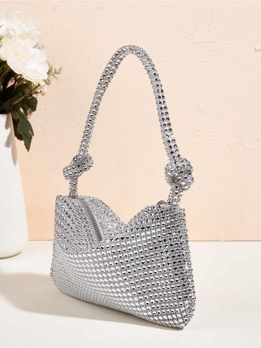 Rhinestone & Knot Decor Hobo Bag , Women's Glitter Clutch Purse, Elegant Handbag For Wedding Prom Party