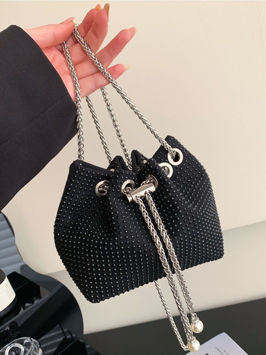 Mini Rhinestone Decor Drawstring Design Chain Glitter Bucket Bag