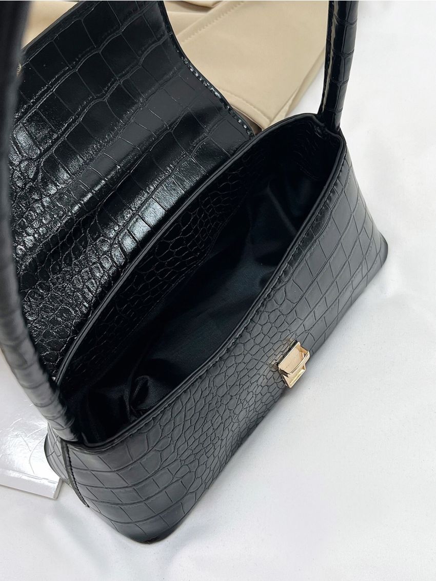 Crocodile Embossed Push Lock Baguette Bag