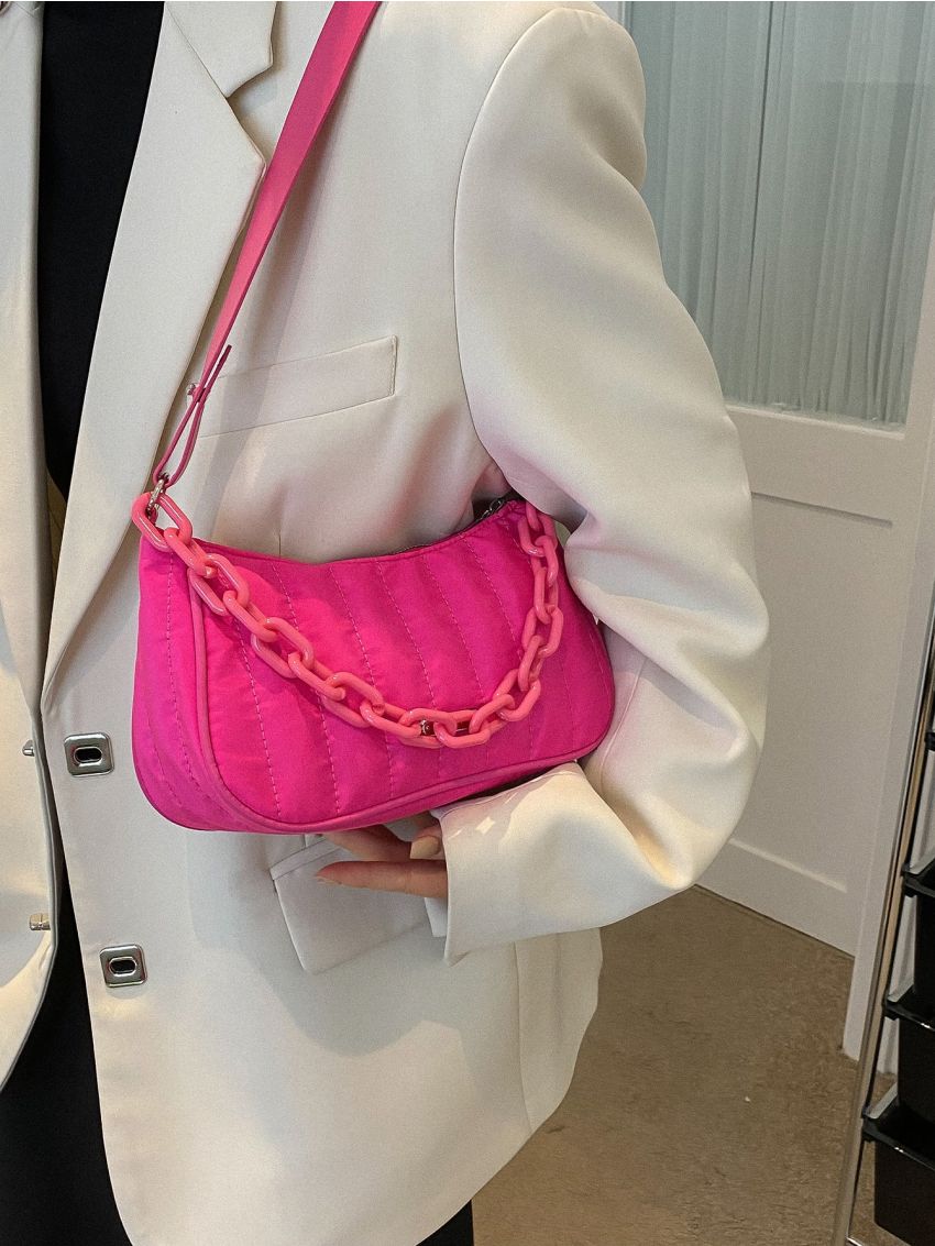 Neon Pink Chain Decor Baguette Bag