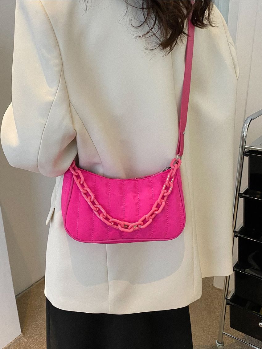 Neon Pink Chain Decor Baguette Bag