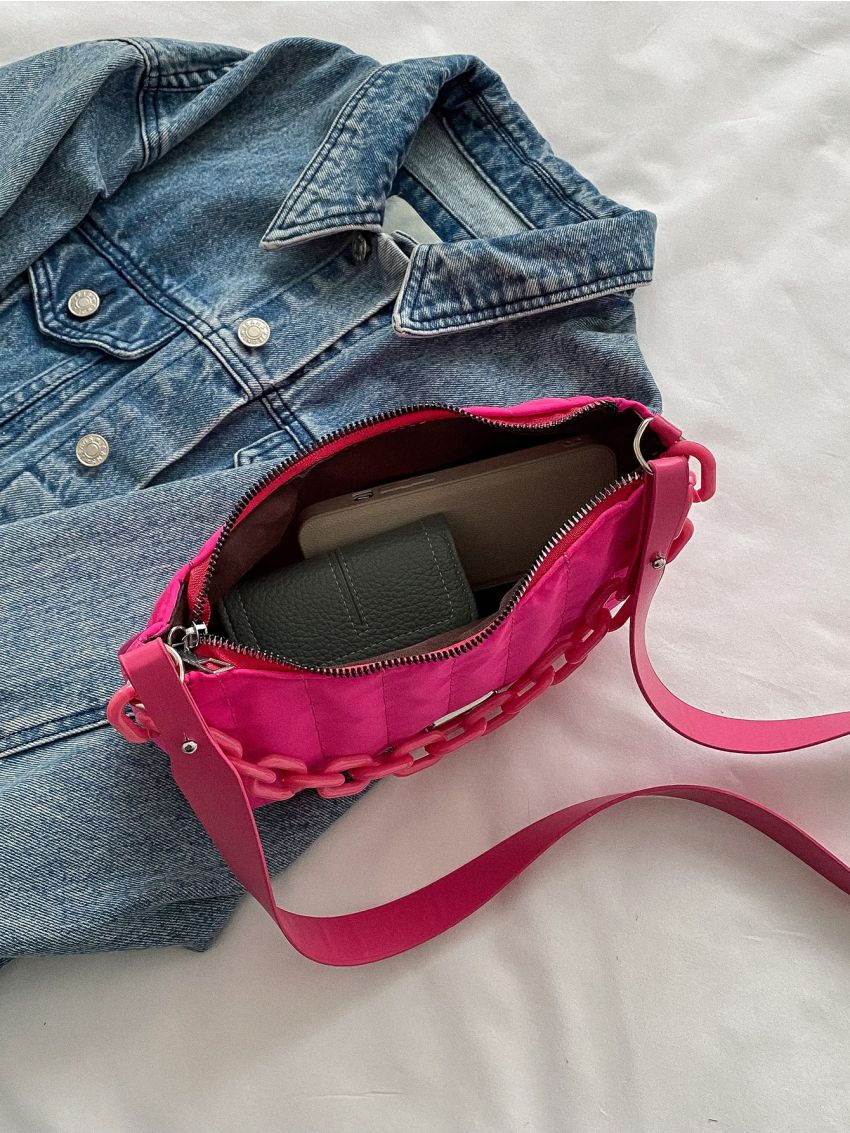 Neon Pink Chain Decor Baguette Bag