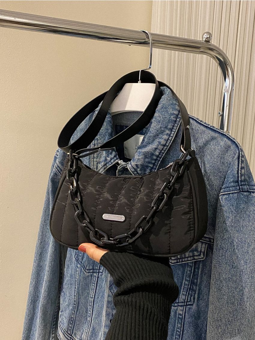 Quilted Chain Decor Baguette Bag