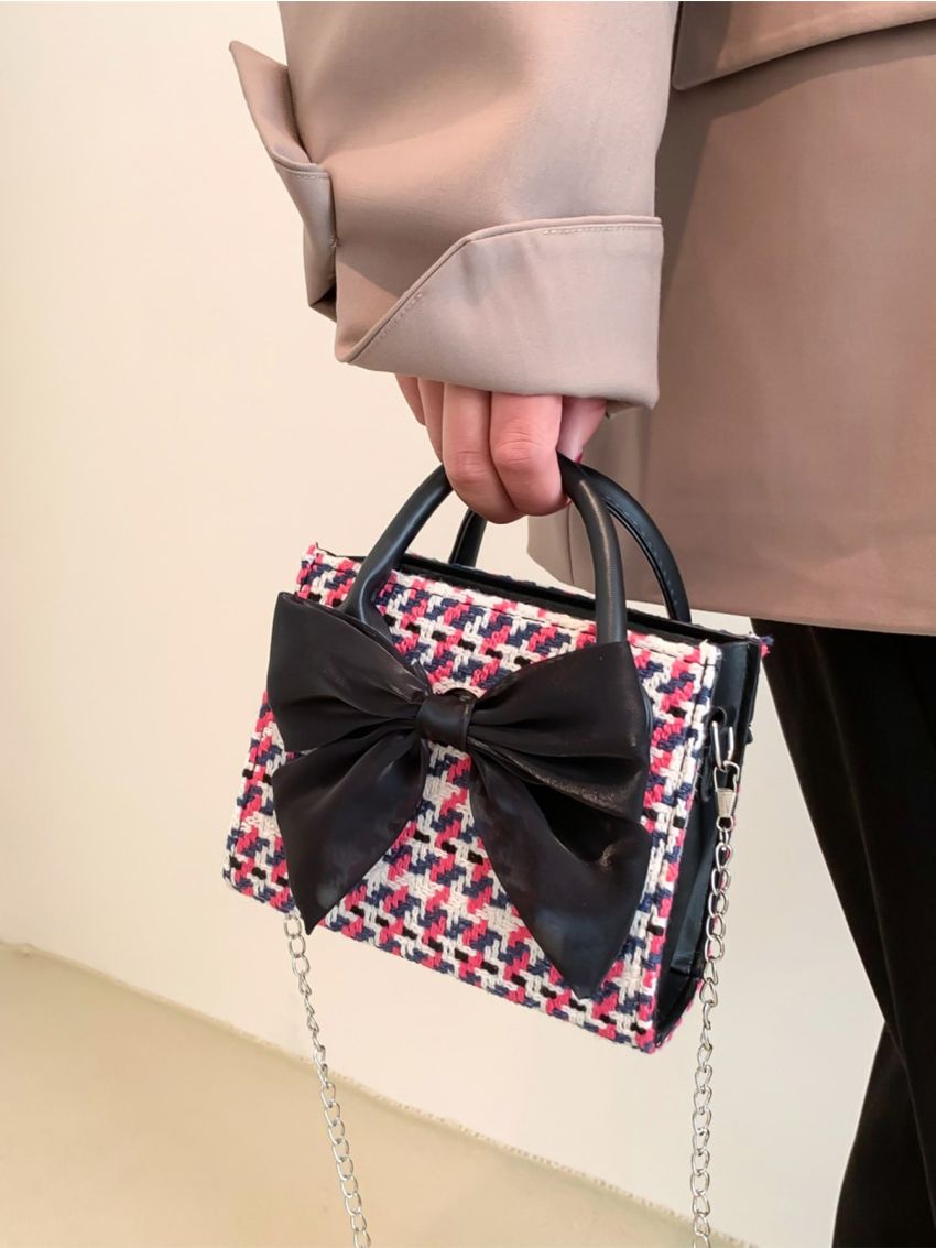 Mini Plaid Pattern Bow Decor Chain Square Bag