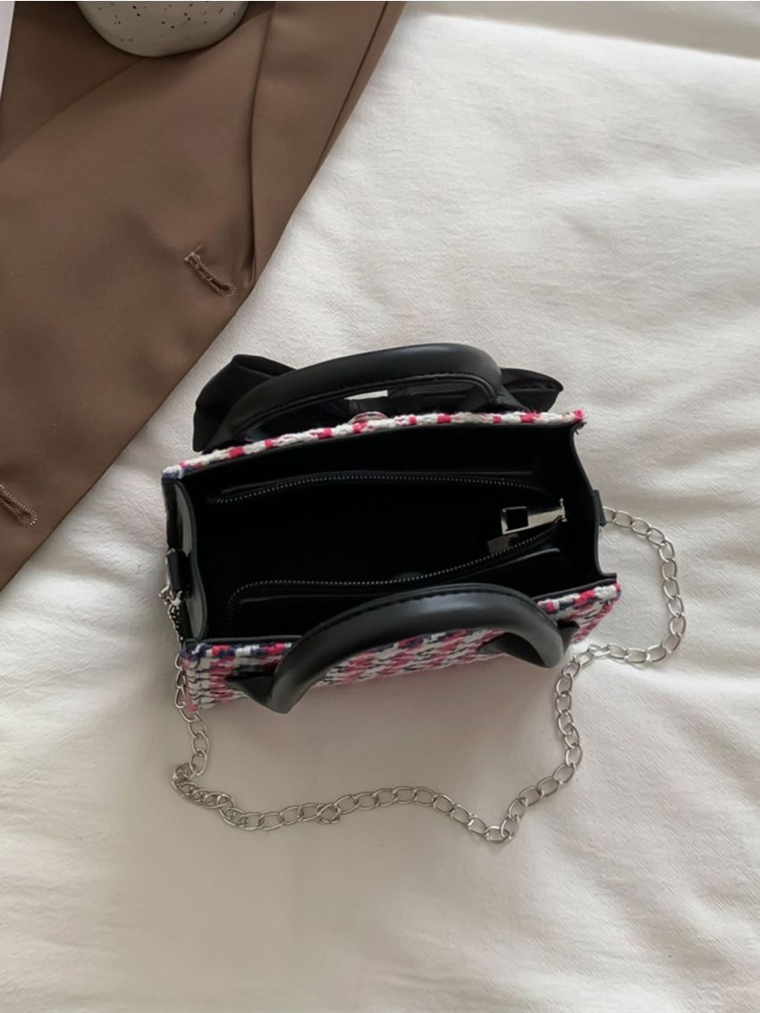 Mini Plaid Pattern Bow Decor Chain Square Bag