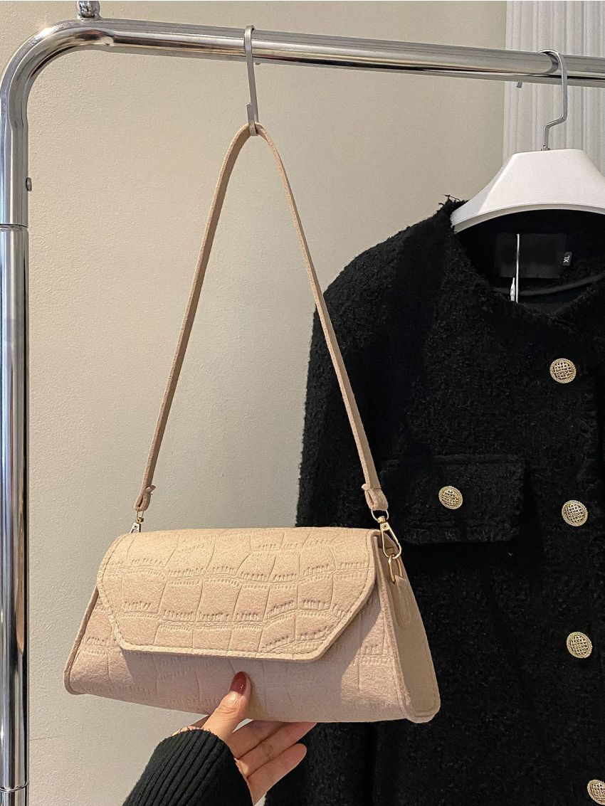 Crocodile Embossed Flap Baguette Bag