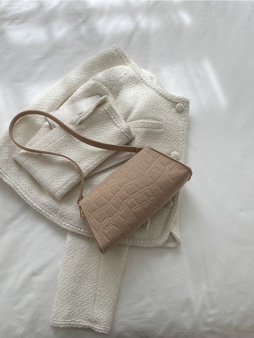 Crocodile Embossed Flap Baguette Bag