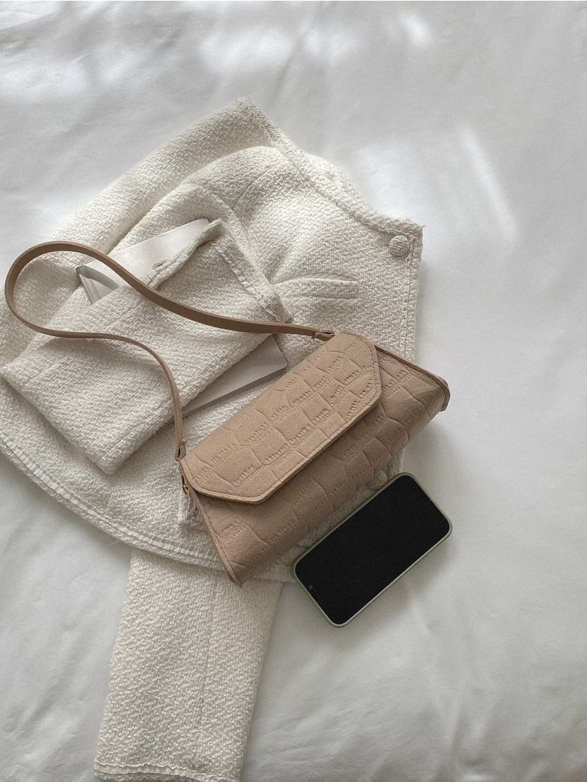 Crocodile Embossed Flap Baguette Bag