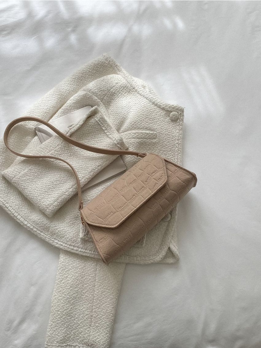 Crocodile Embossed Flap Baguette Bag