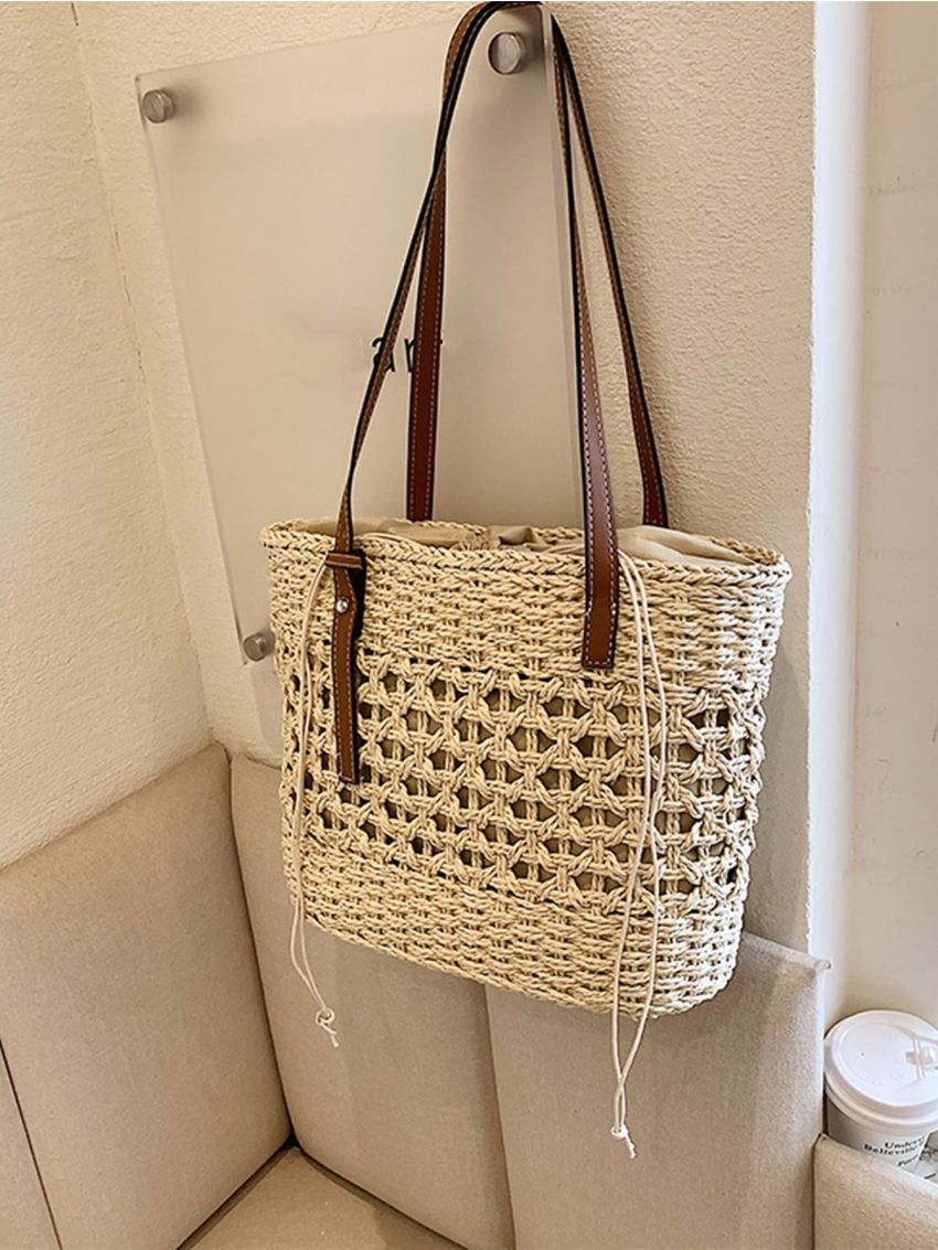 Hollow Out Drawstring Design Straw Bag