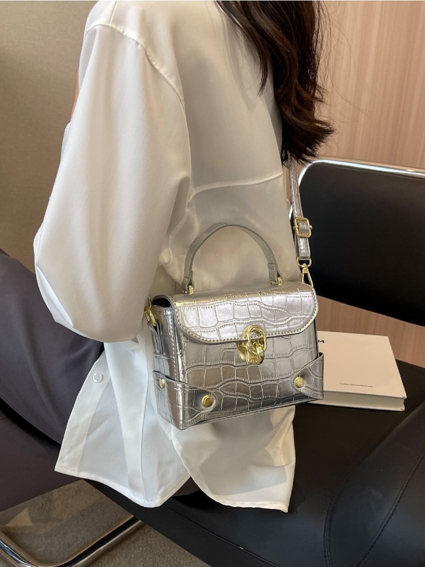 Mini Metallic Crocodile Embossed Flap Square Bag