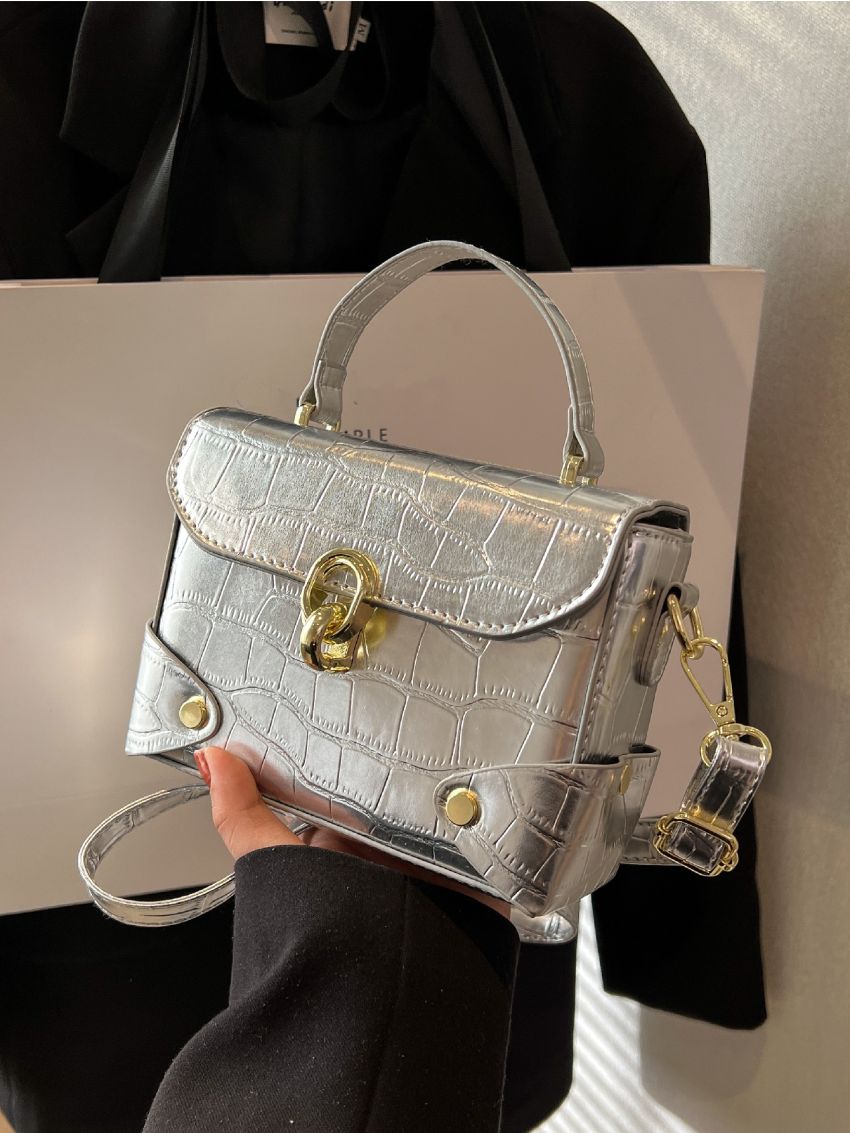 Mini Metallic Crocodile Embossed Flap Square Bag