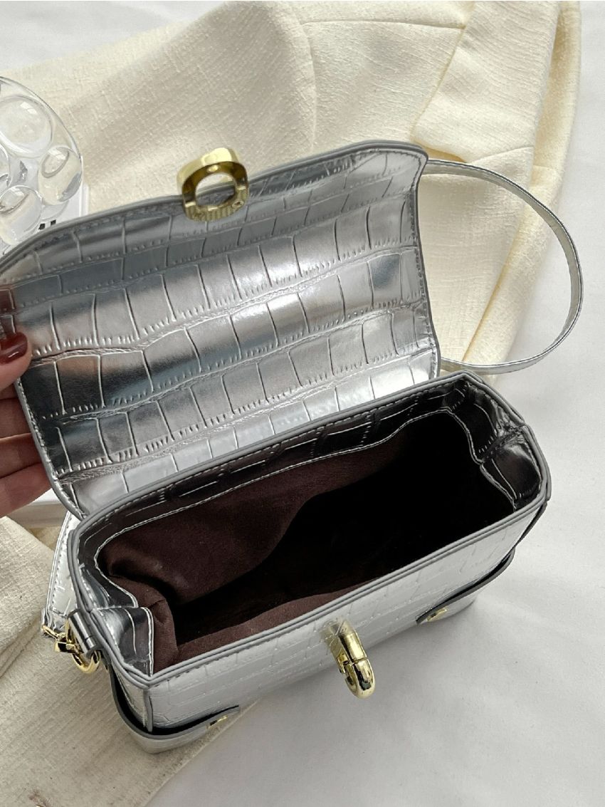 Mini Metallic Crocodile Embossed Flap Square Bag