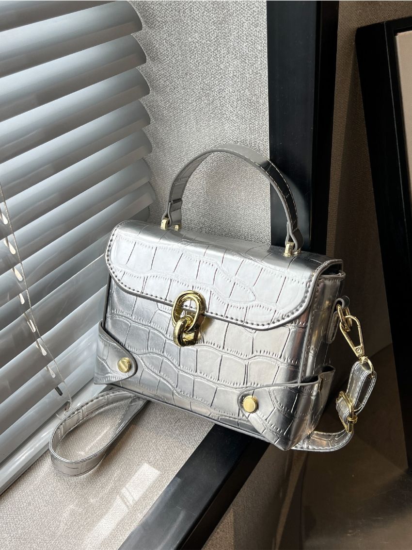 Mini Metallic Crocodile Embossed Flap Square Bag