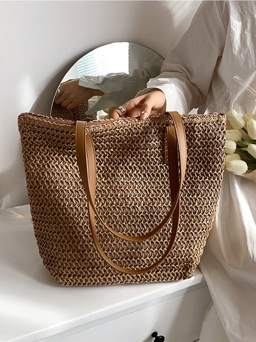 Stitch Detail Straw Bag