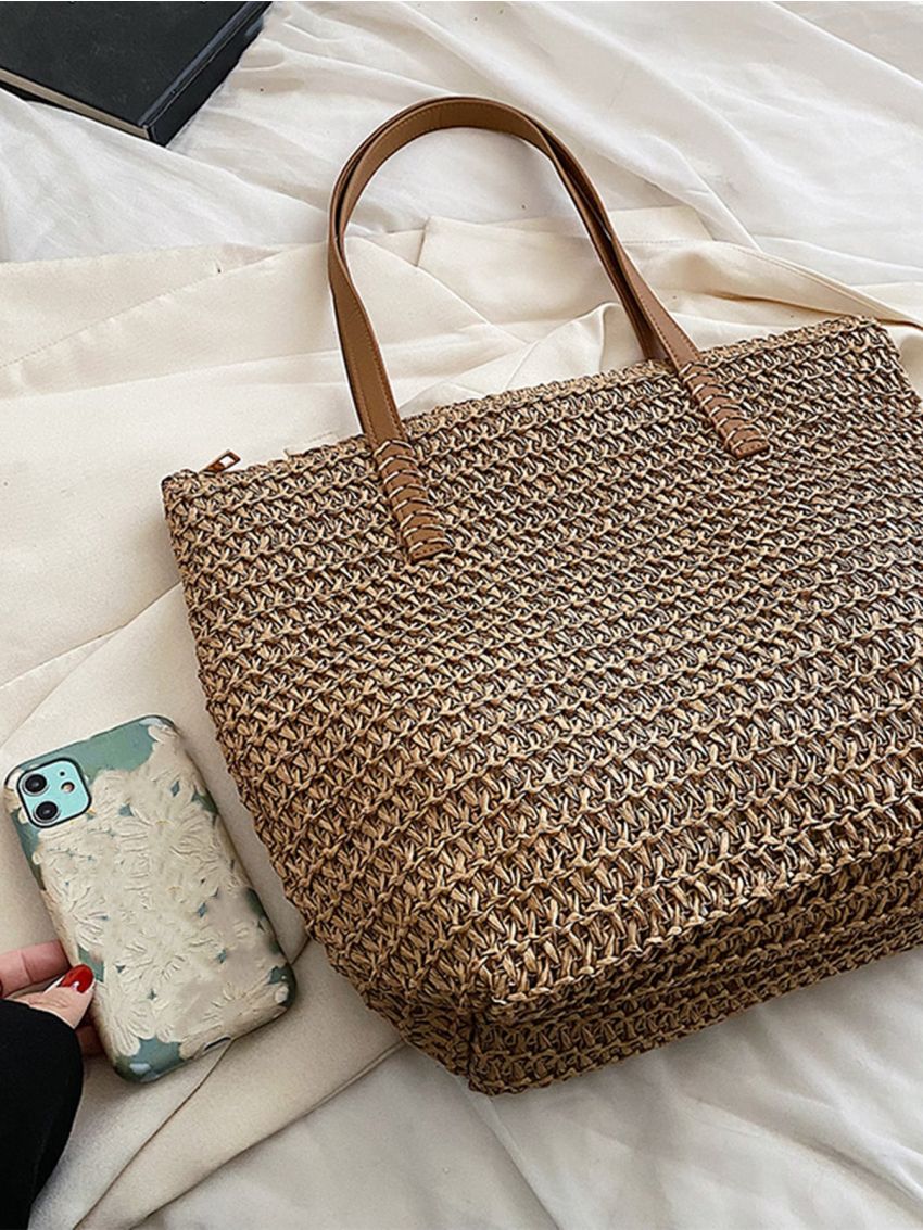 Stitch Detail Straw Bag