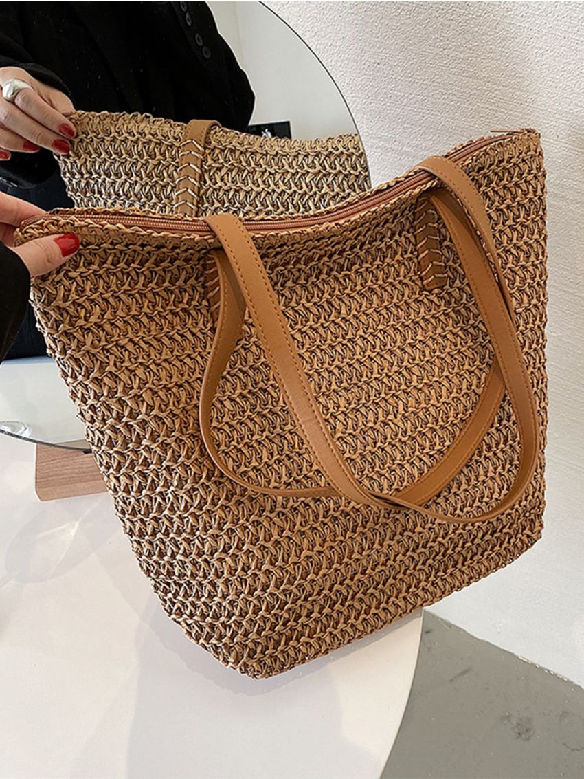 Stitch Detail Straw Bag