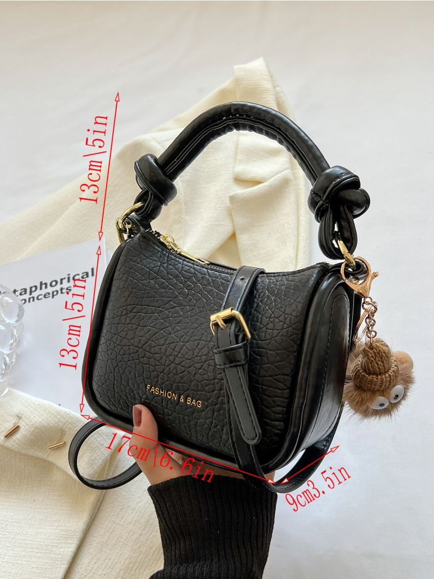 Mini Litchi Embossed Hobo Bag With Bag Charm