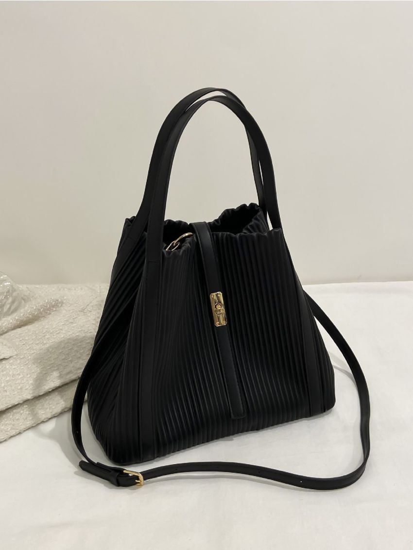 Twist Lock Design Pleated Embossed Top Handle Bag