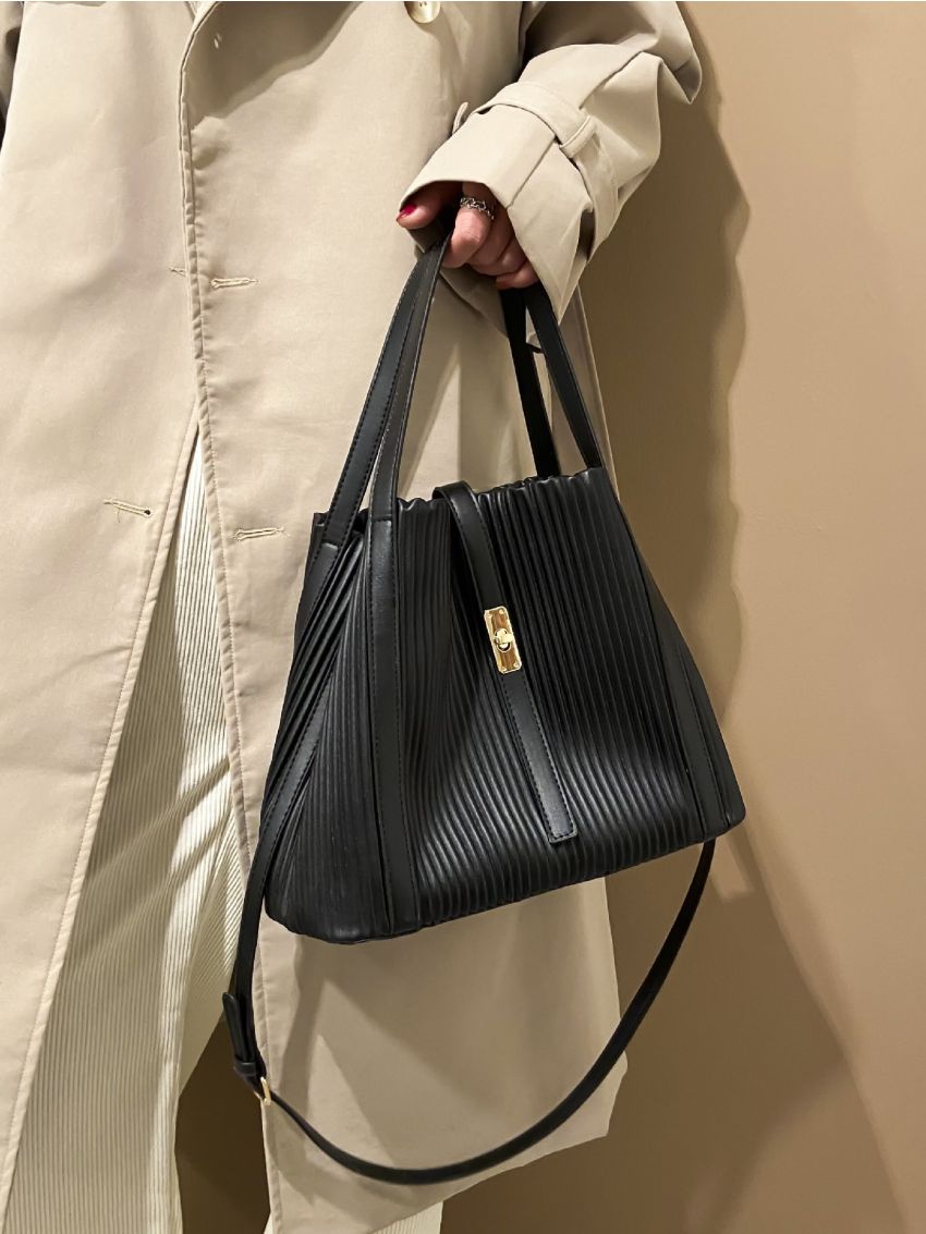 Twist Lock Design Pleated Embossed Top Handle Bag