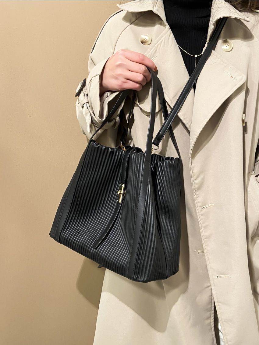 Twist Lock Design Pleated Embossed Top Handle Bag