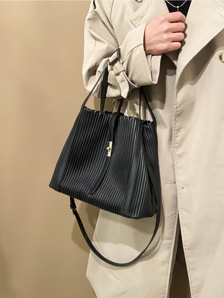 Twist Lock Design Pleated Embossed Top Handle Bag