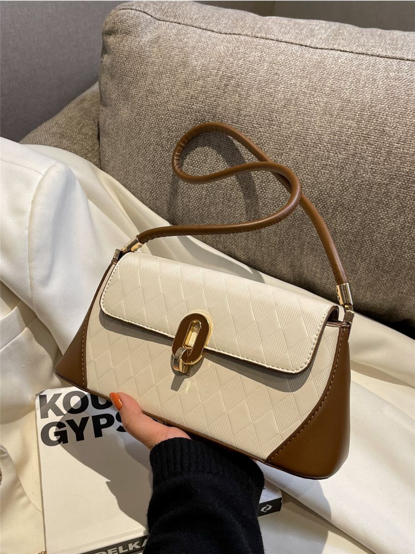 Argyle Embossed Two Tone Flap Baguette Bag