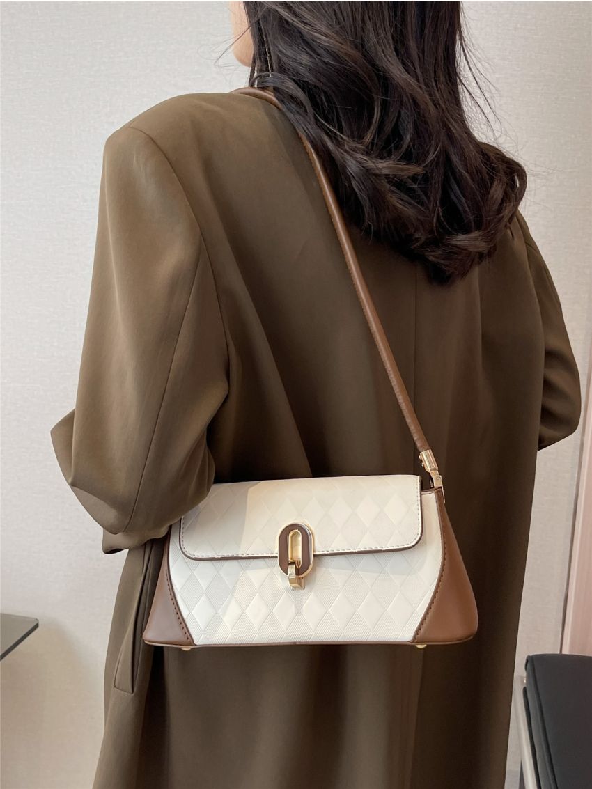 Argyle Embossed Two Tone Flap Baguette Bag