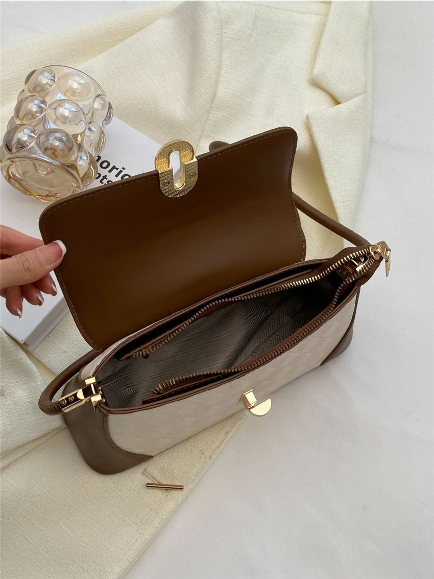 Argyle Embossed Two Tone Flap Baguette Bag