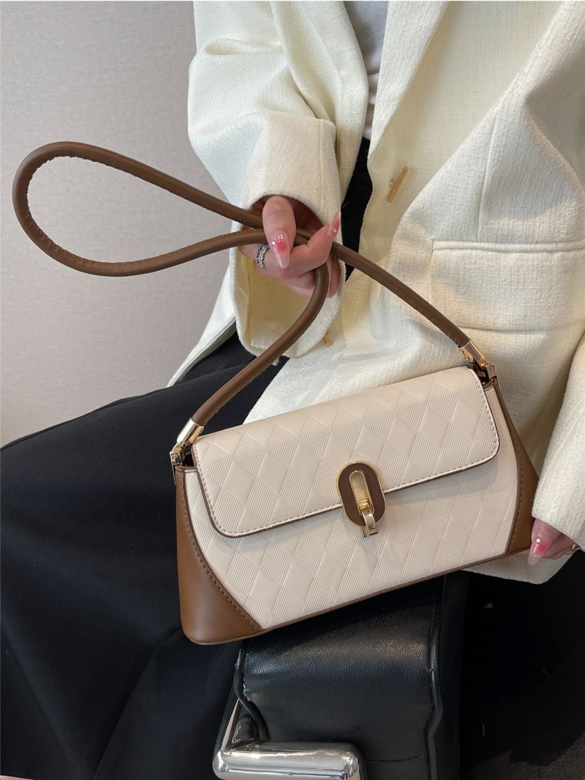 Argyle Embossed Two Tone Flap Baguette Bag