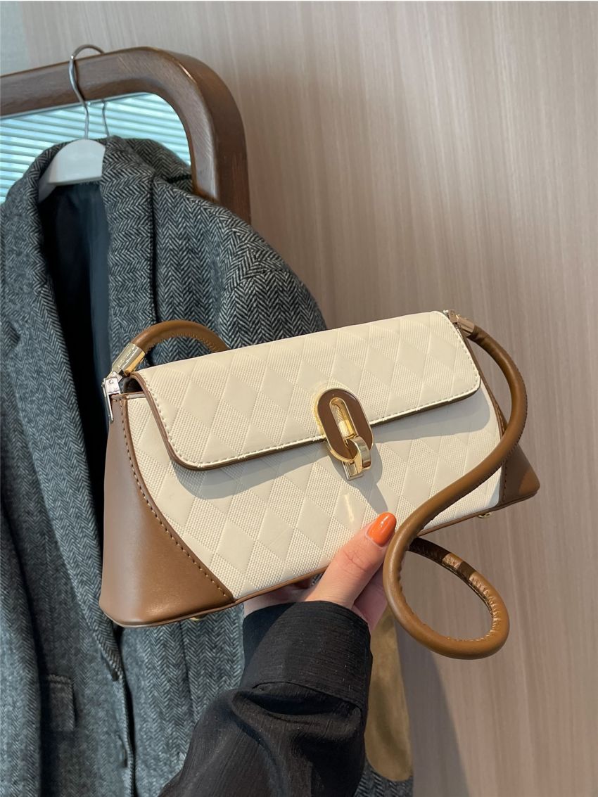 Argyle Embossed Two Tone Flap Baguette Bag