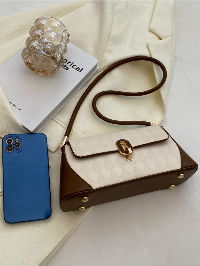 Argyle Embossed Two Tone Flap Baguette Bag