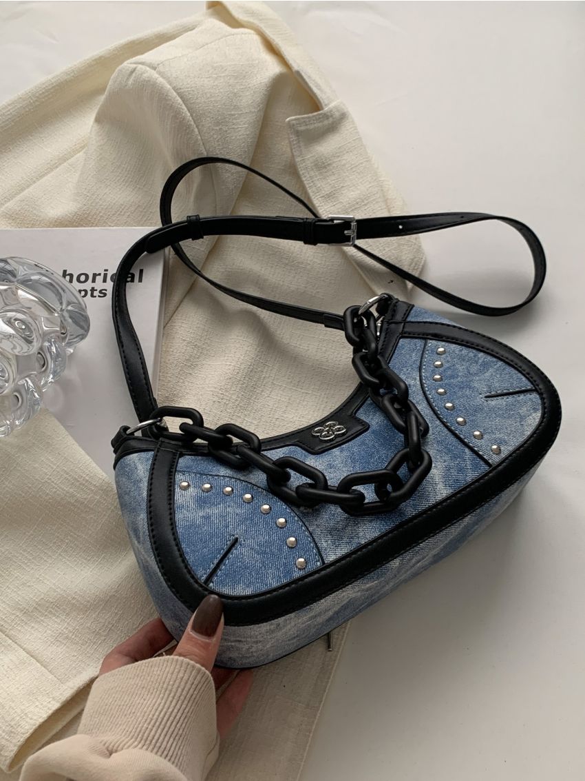 Chain & Studded Decor Hobo Bag