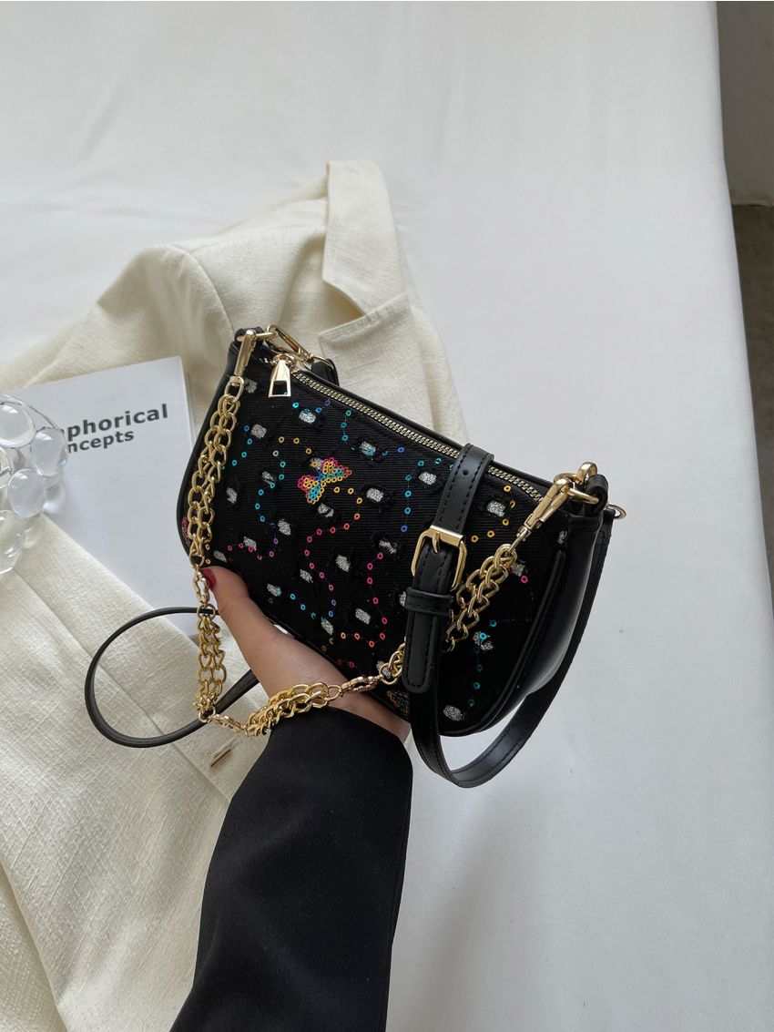 Ripped Sequin & Chain Square Bag